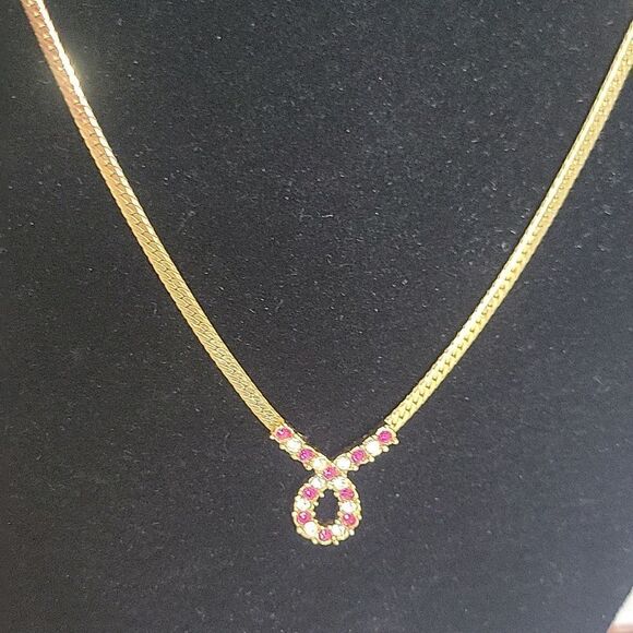 Goldtone Herringbone Chain with Red and White Ribbon Charm - Picture 6 of 6